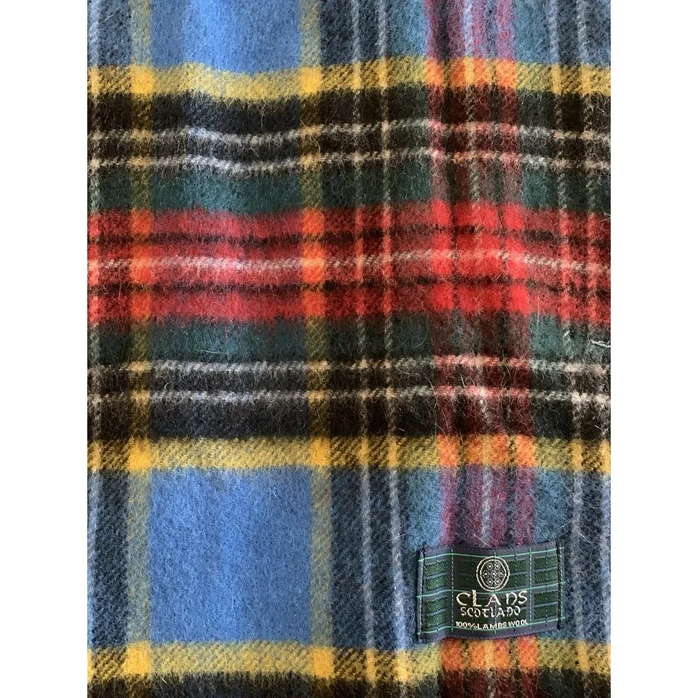 Clans Scotland 100% Lambswool Tartan Plaid Scarf Blue Red Wool Fringe 58